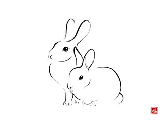 Rabbit in minimalist style on white background. Vector illustration. Translation of hieroglyph - well-being