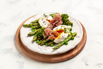 Ketogenic diet meal Poached egg with asparagus spears and prosciutto. banner, menu recipe place for text, top view