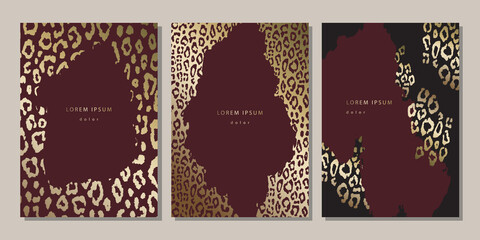 Set of luxury templates with golden leopard skin texture. Covers, posters 