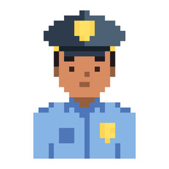 Fototapeta premium Policeman pixel game style illustration. Cop vector pixel art design. 8 bit sheriff character icon. Officer isolated on white background.