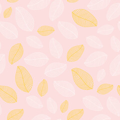 Beautiful veined leaves, pattern with foliage on a pink pastel background. For printing on modern fabrics. 