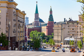 Tverskaya street and Kremlin towers in center of Moscow, Russia