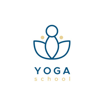 Yoga school logo. Outline floral symbol. Concept of meditation, physical and mental health. Vector illustration, flat design