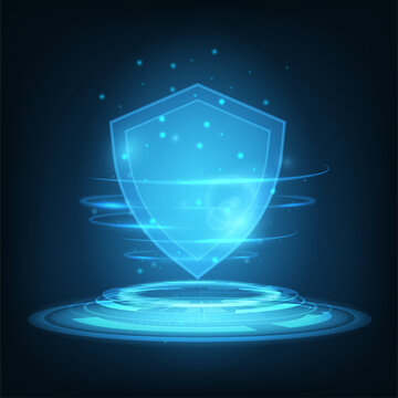 Vector blue shield with glowing effect. Security data concept.