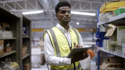 Black worker is checking the goods in the warehouse.