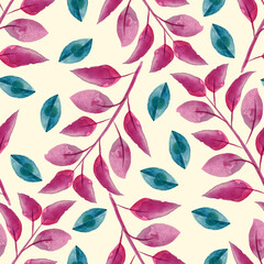 Pink ahd green leaves vector seamless pattern.Watercolor floral background. Pattern can be used for textile, fabric, wallpaper, website background, surface textures.