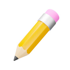 Pencil 3d icon. Yellow pencil with pink eraser. Isolated object on a transparent background