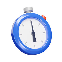 Stopwatch 3d icon. Blue timer with red button. Isolated object on a transparent background - obrazy, fototapety, plakaty