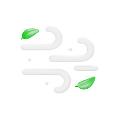 Wind 3d icon. Weather symbol, stripes and leaves. Isolated object on a transparent background