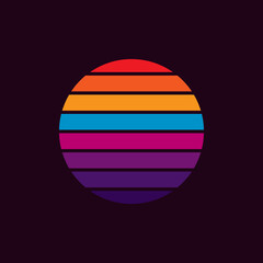 Original vector illustration of a striped neon retro sunset in the style of the 80s. A design element.