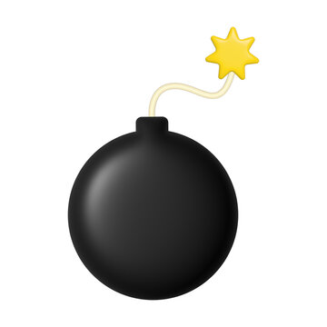 Bomb 3D black shape. Round bomb with burning wick. Illustration isolated on white.