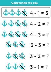 Subtraction with blue anchor. Educational math game for kids.