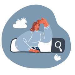 Vector illustration of People searching information in internet. Woman browsing online with search bar. Web search in internet, online surfing, SEO. T