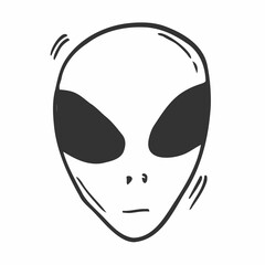 Doodle simple alien vector hand drawn icon, sticker, badge, illustration. Green alien cartoon.