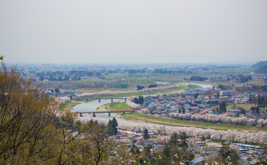 Akita,Tohoku,Japan:Panoramic view of Kakunodate town and the Hinokinaigawa River during cherry blossom festival as seen from the former site of Kakunodate Castle on the hilltop.