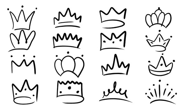 Hand drawn crown and doodle line icon king , queen or princess. Sketch outline tiara art and royal vector illustration concept. Retro set prince decal black and medieval head decoration isolated ink