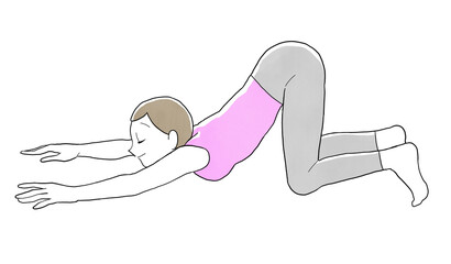 猫の伸びのポーズをする女性　ヨガの手描きイラスト素材