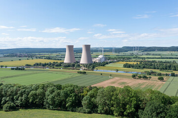 View of drone of nuclear power plant and river