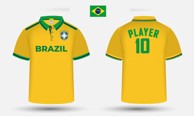  Brazil Football team jersey Design along with the Brazil flag and icon. Polo shirt design and mockup