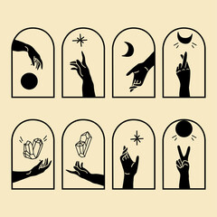 Abstract simple set of magic arch window, hand reaching for sun moon star or shining healing crystal. Scandinavian boho templates. Minimalistic esoteric posters room decor vector illustration