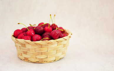 Basket of fresh cherries. Summer berries. Harvest of merry 