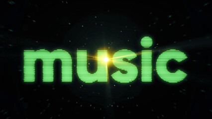 Abstract animation of word music on black background. Animated background with moving word inscription music in neon strip. Background for holiday or disco