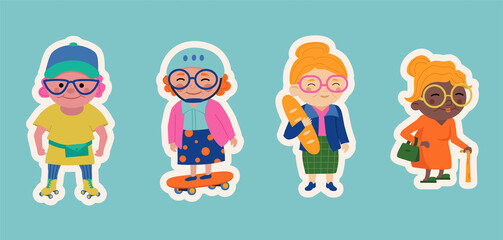 Set of stickers with funny grandmothers. Vector illustration.