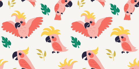 Trendy pattern with parrots and tropical leaves. Vector seamless texture. 