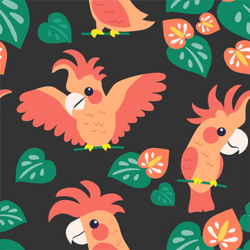Trendy pattern with parrots and tropical leaves. Vector seamless texture. © Tayisiya