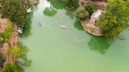 Aerial view of the small lake in Villa Borghese park. This pond is located in Rome, Italy. There...