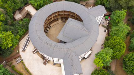 Aerial view of the Globe Theater, a Shakespearean theater in Rome, Italy, faithful replica of the...