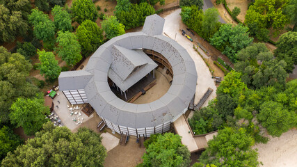 Aerial view of the Globe Theater, a Shakespearean theater in Rome, Italy, faithful replica of the...