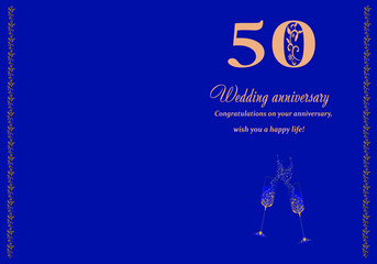 50th wedding anniversary card for congratulations and writing text. Banner. Vector illustration. Golden anniversary celebration