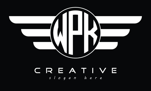 WPK three letter circle with wings logo design vector template. wordmark logo | emblem logo | monogram logo | initial letter logo | typography logo | business logo | minimalist logo |	