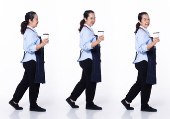 Full length 40s 50s Asian Senior Woman coffee barista waitress, walking forward left right