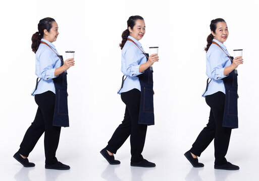 Full Length 40s 50s Asian Senior Woman Coffee Barista Waitress, Walking Forward Left Right