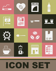 Set Coffee menu, Bag coffee beans, cup to go, paper filter, Newspaper and, Street signboard, Cigarette and holder icon. Vector