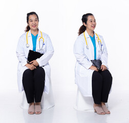 Full length 40s 50s Asian Senior Woman medical healthcare Doctor, sitting diagnostic patient