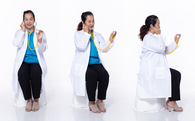 Naklejka premium Full length 40s 50s Asian Senior Woman medical healthcare Doctor, sitting diagnostic patient