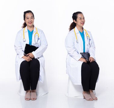 Full Length 40s 50s Asian Senior Woman Medical Healthcare Doctor, Sitting Diagnostic Patient