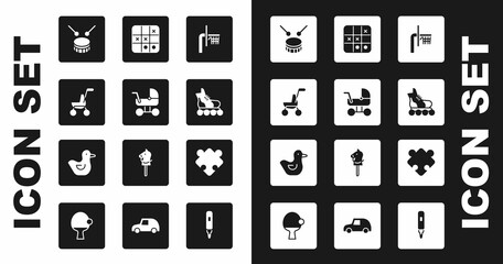 Set Basketball backboard, Baby stroller, Drum with drum sticks, Roller skate, Tic tac toe game, Puzzle pieces toy and Rubber duck icon. Vector