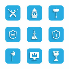 Set Sword in the stone, Location king crown, Medieval goblet, shield with sword, axe, Shield, Hammer and Crossed medieval icon. Vector