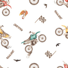 Watercolor seamless pattern with dirty bikes, tire tracks, mud, helmet, wheel © MarinaErmakova