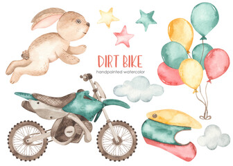 Watercolor set with dirt bike, bunny racer, balloons, helmet, stars, clouds
