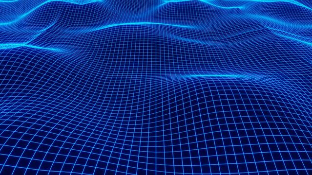 Abstract modern grid neon blue wave effect animation background. 3D motion render for presentation