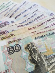 Russian money. Russian rubles. Money of the Russian Federation. Russian money is on the table