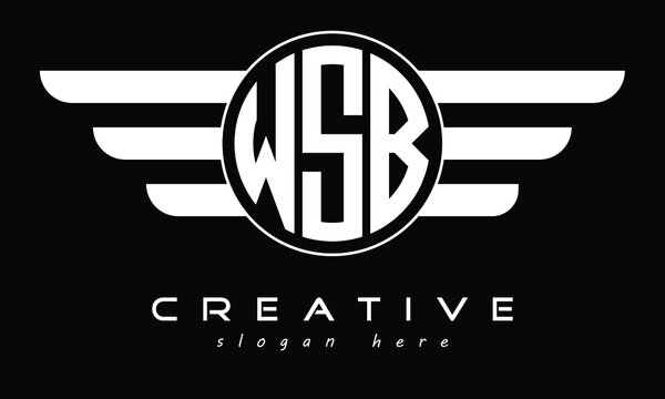 WSB three letter circle with wings logo design vector template. wordmark logo | emblem logo | monogram logo | initial letter logo | typography logo | business logo | minimalist logo |	