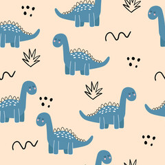 Seamless pattern with cute dinosaurs, dots, bushes and doodles. Children's wallpaper in scandinavian style with dino. Children's textiles, clothes.