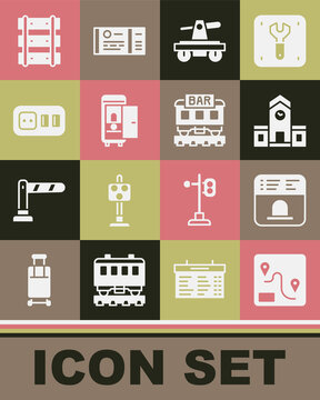 Set Route location, Ticket office to buy tickets, Railway station, Draisine or handcar, Toilet the train, Electrical outlet, Railway, railroad track and Restaurant icon. Vector