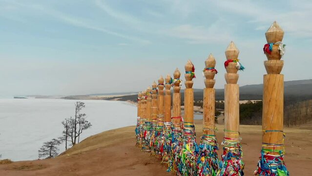 traditional Serges on mountain on island Olkhon in lake Baikal, ritual pole at Buryats and Yakuts